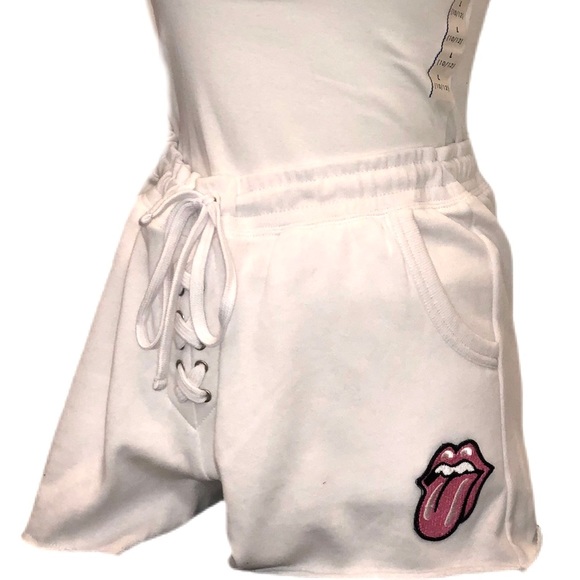 Lace Up Sweatshorts W/ Pink Rolling Stones Logo Patch - Picture 2 of 5